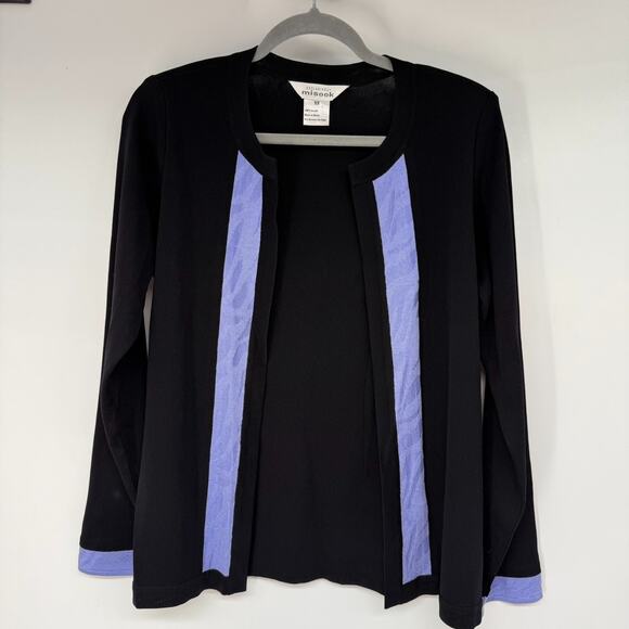 Exclusively Misook Cardigan Womens XS Black Purple Trim Open Front Long Sleeve - Picture 1 of 6